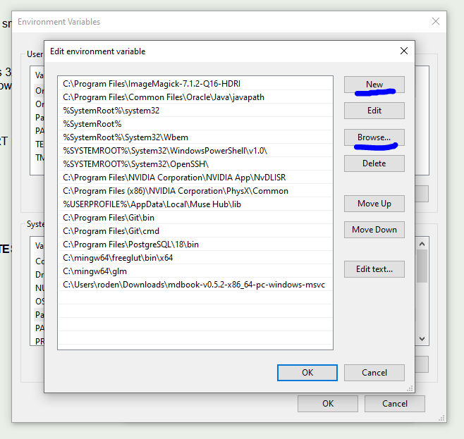 Windows "Environment Variables" editing screen with indicators to follow the directions above