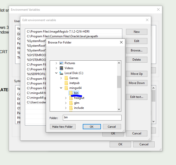 Windows "Environment Variables" editing screen with indicators to follow the directions above.
