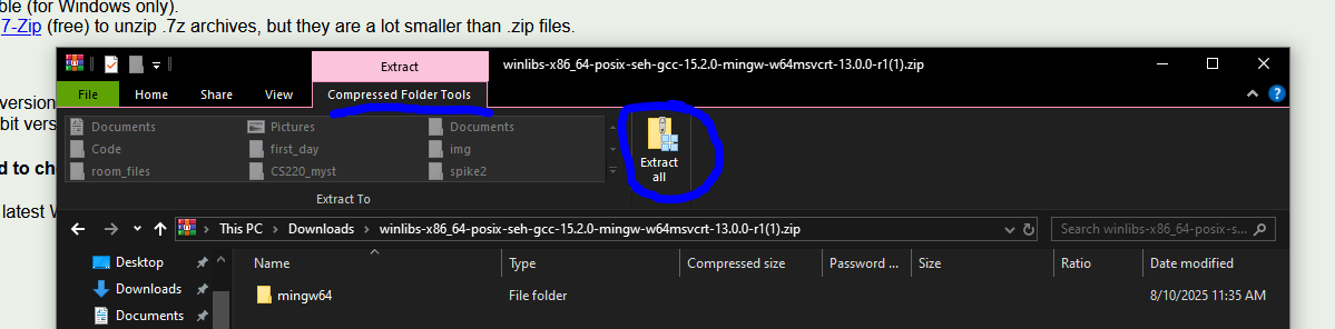 The Windows file explorer showing how to extract the zip contents