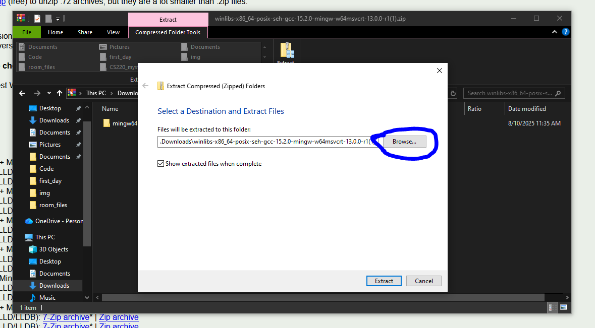 The Windows file explorer showing how to extract the zip contents