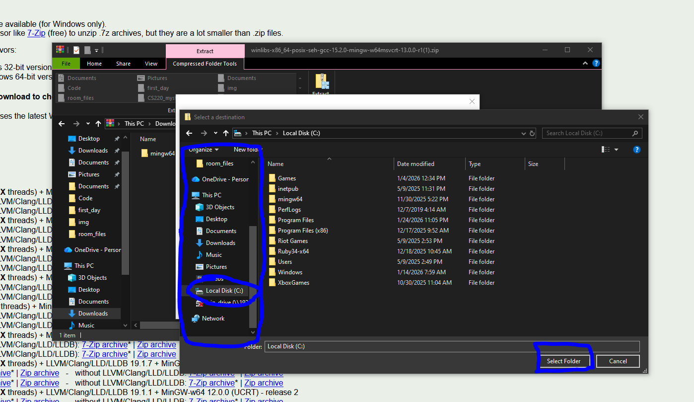 The Windows file explorer showing how to extract the zip contents into the proper place in the computer