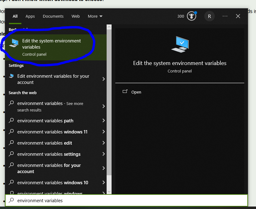 The Windows search bar that is searching for "environment variables" with "Edit the system environment variables" circled.