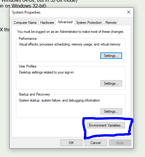 A "System Properties window that is in the "Advanced" tab and the button "Environment Variables" is circled in blue.