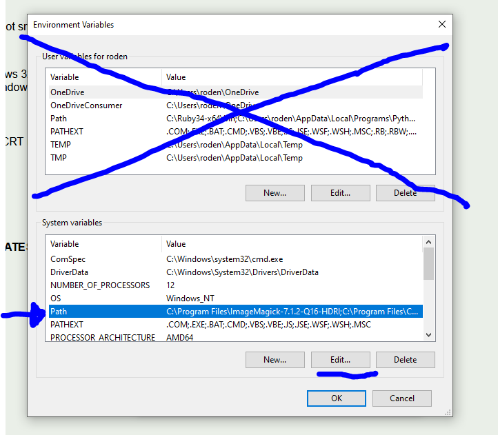 Windows "Environment Variables" editing screen with indicators to follow the directions above